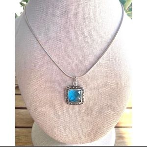 Sterling Silver 925 Marcasite Blue Pendant Rope Chain Necklace 7.5”